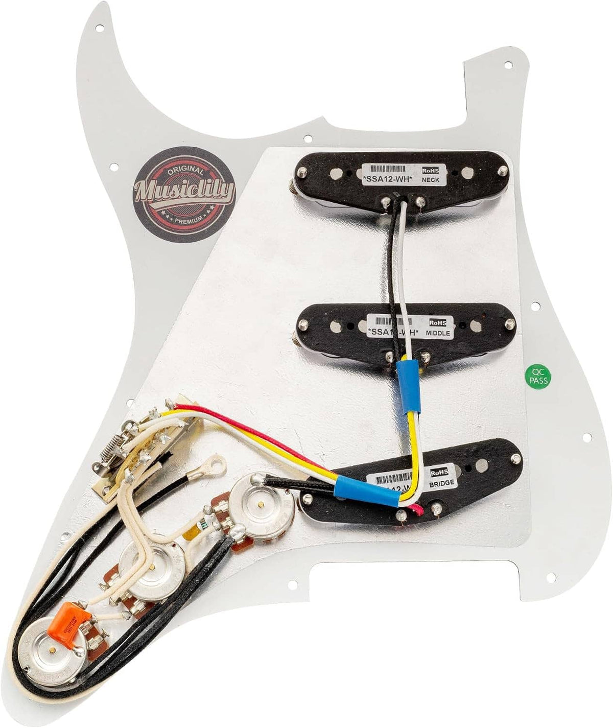 White guitar pre-wired pickguard underside with pickups, wiring, and component terminals