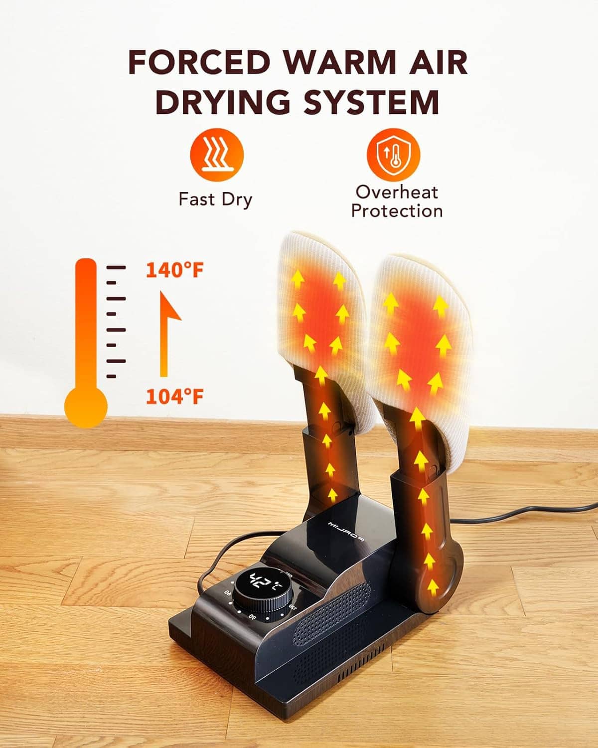 Boot dryer with warm air drying system, heated airflow vents over boots