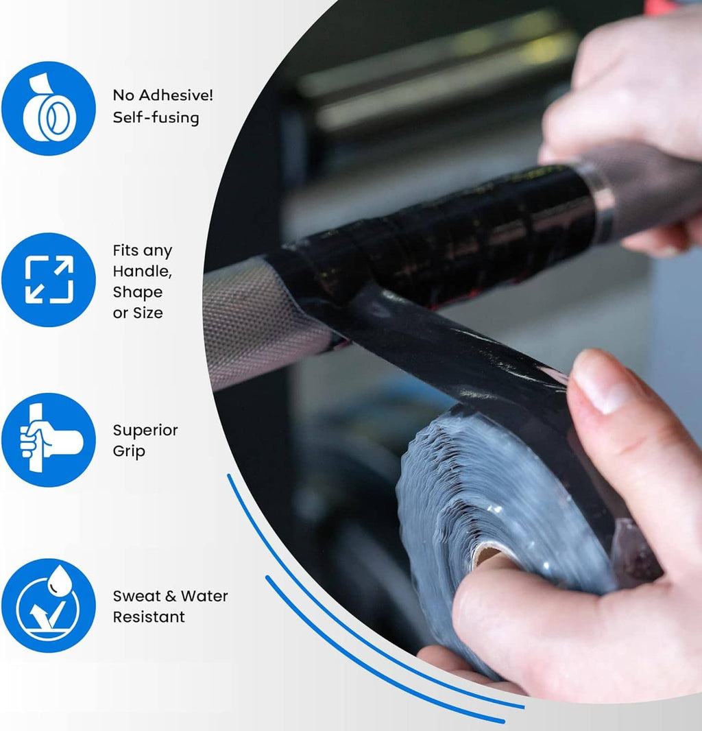 Black grip tape strip being applied to a bar handle with a hand, self-fusing wrap