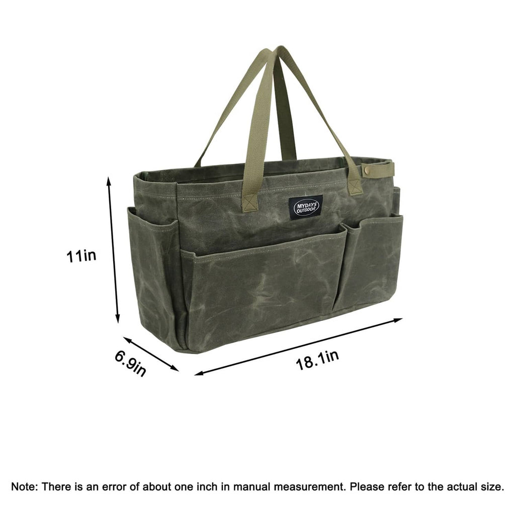 Large army green garden tool storage tote with top handles and multiple interior compartments