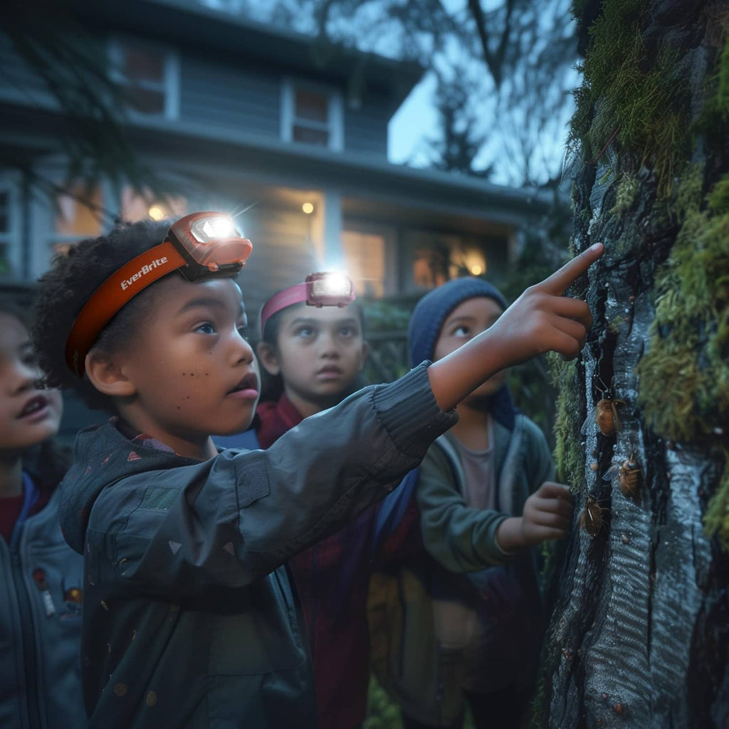 Kids wearing headlamps outdoors, one pointing while the lights shine bright white
