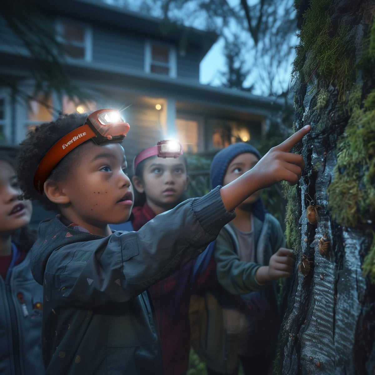 Kids wearing headlamps outdoors, one pointing while the lights shine bright white