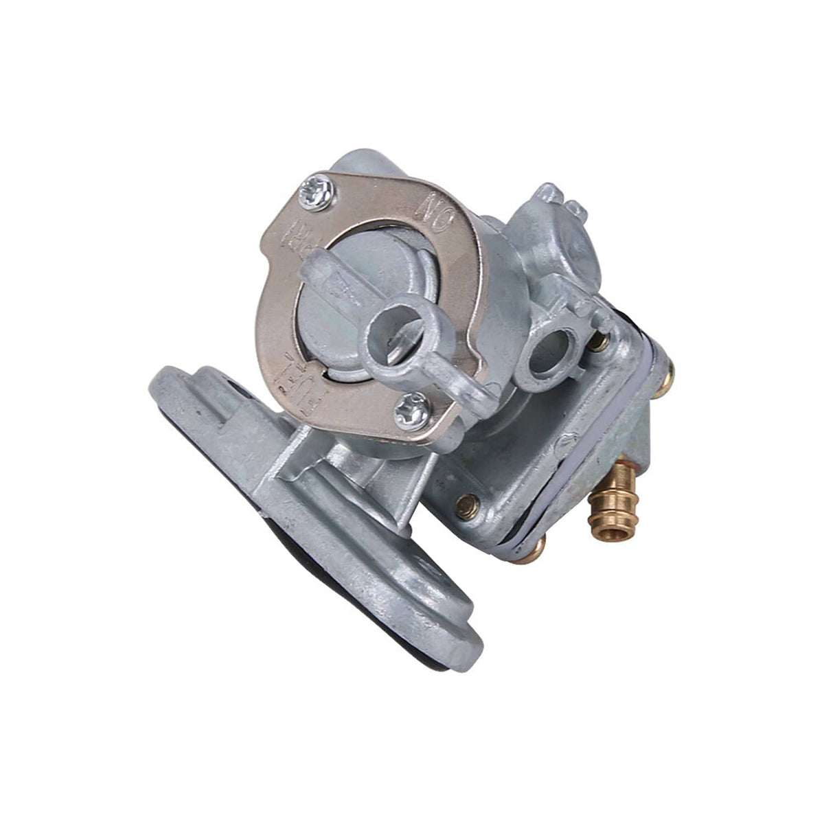 Fuel petcock switch valve with metal top plate and white lever arm