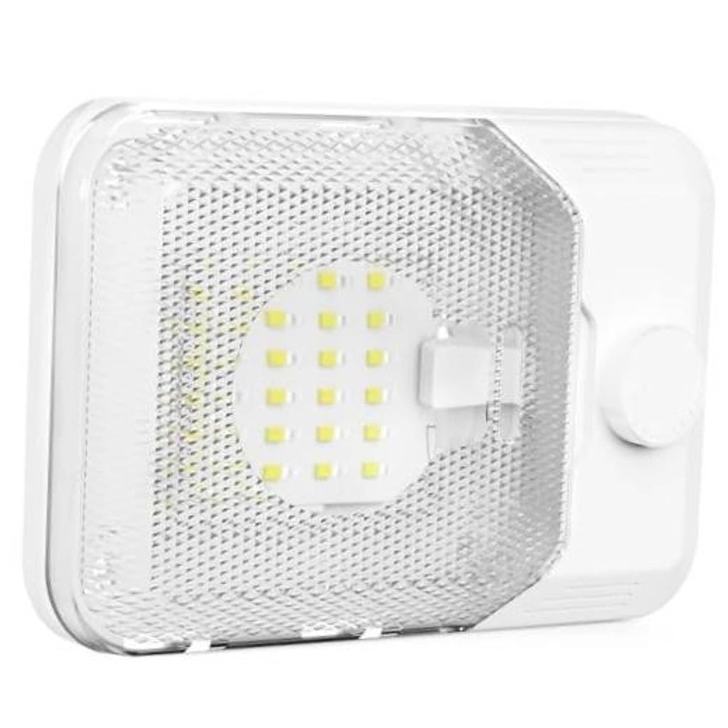 White RV LED dome ceiling light with LED array behind clear lens and side control switch