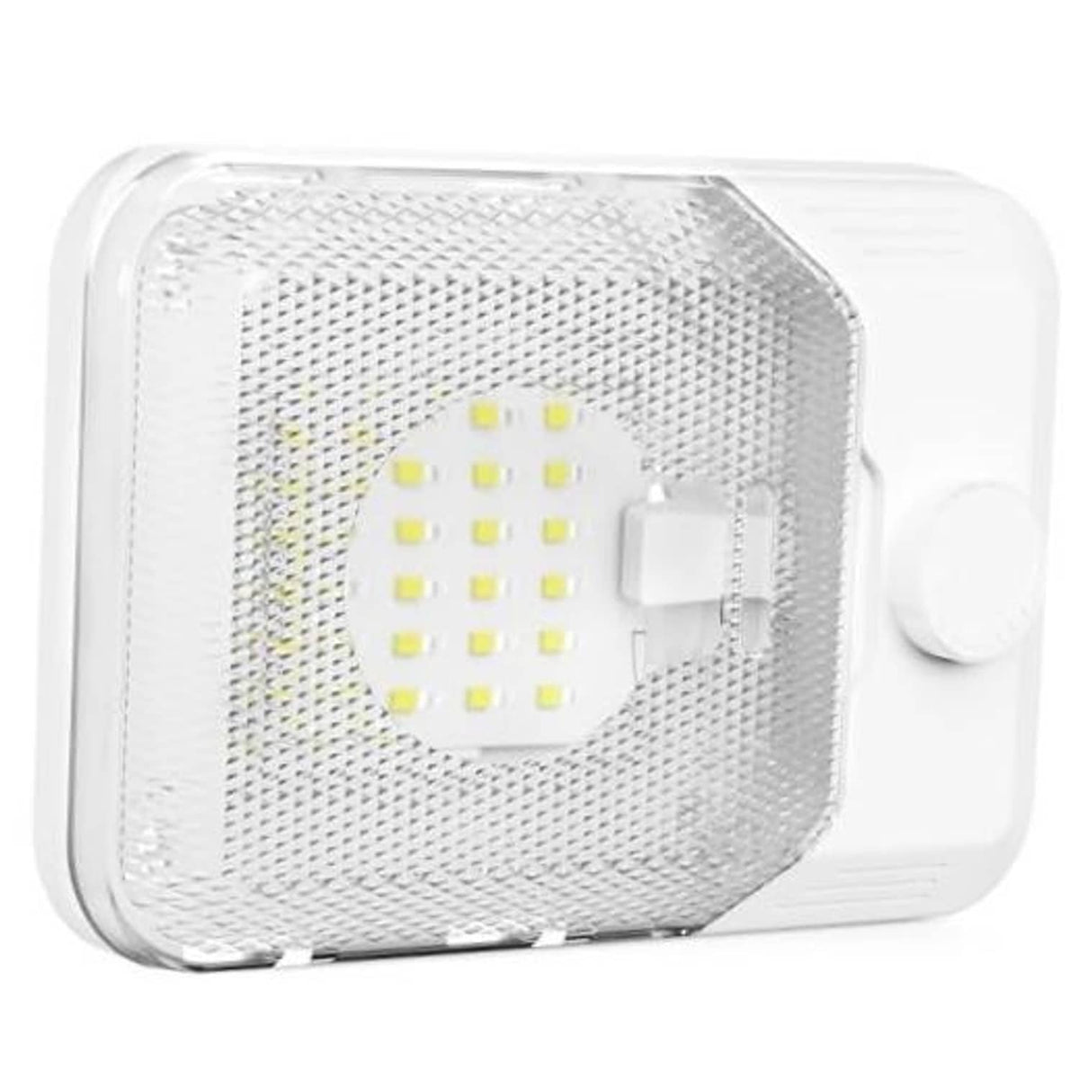 White RV LED dome ceiling light with LED array behind clear lens and side control switch