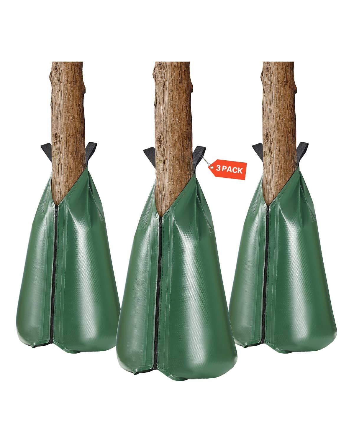 Set of three green PVC tree watering bags with wide opening and black handle tabs