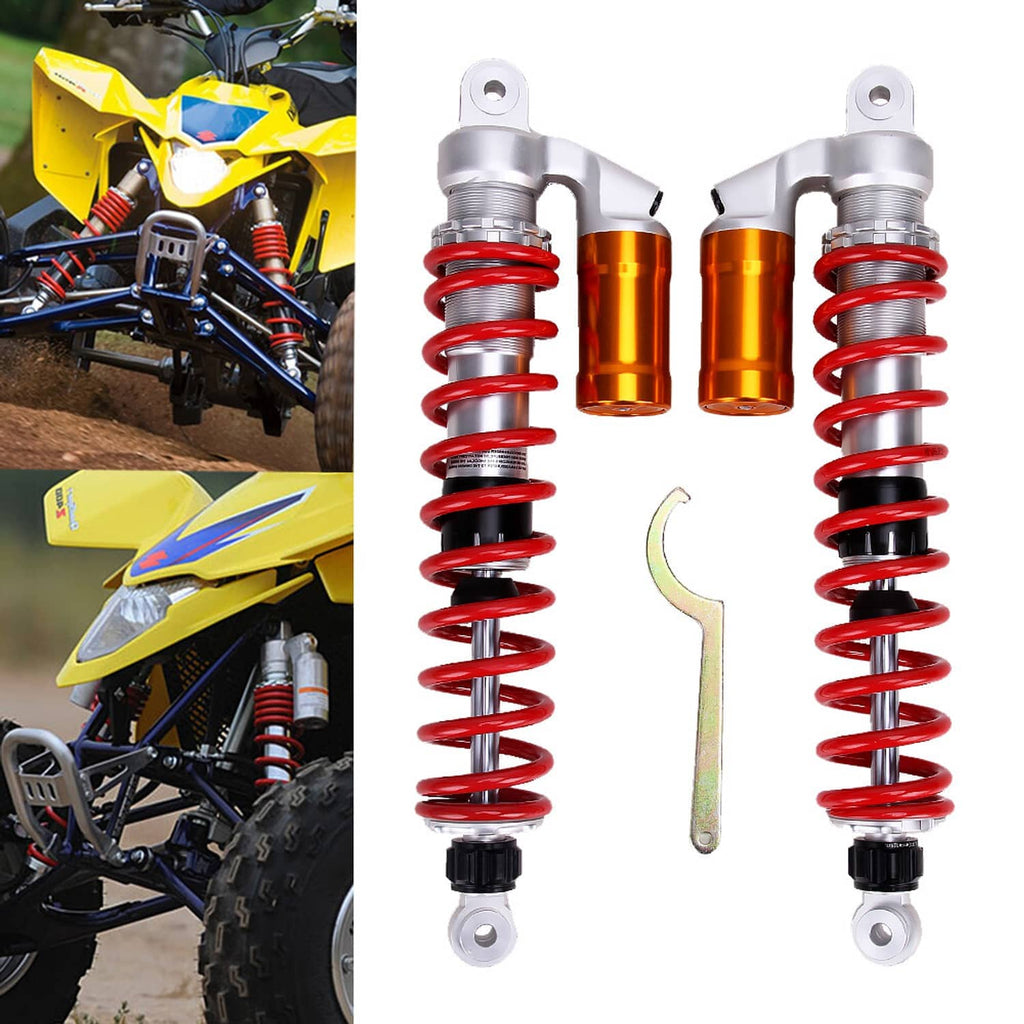 Pair of front shock absorbers with red coil springs, orange-gold cylinders, silver brackets