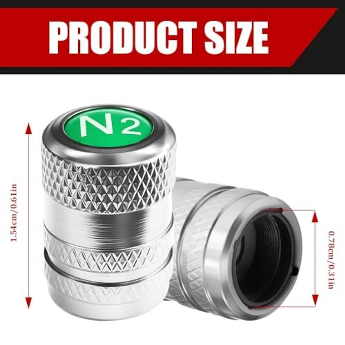 Silver tire valve stem cap with green N2 top and side view length/diameter diagram