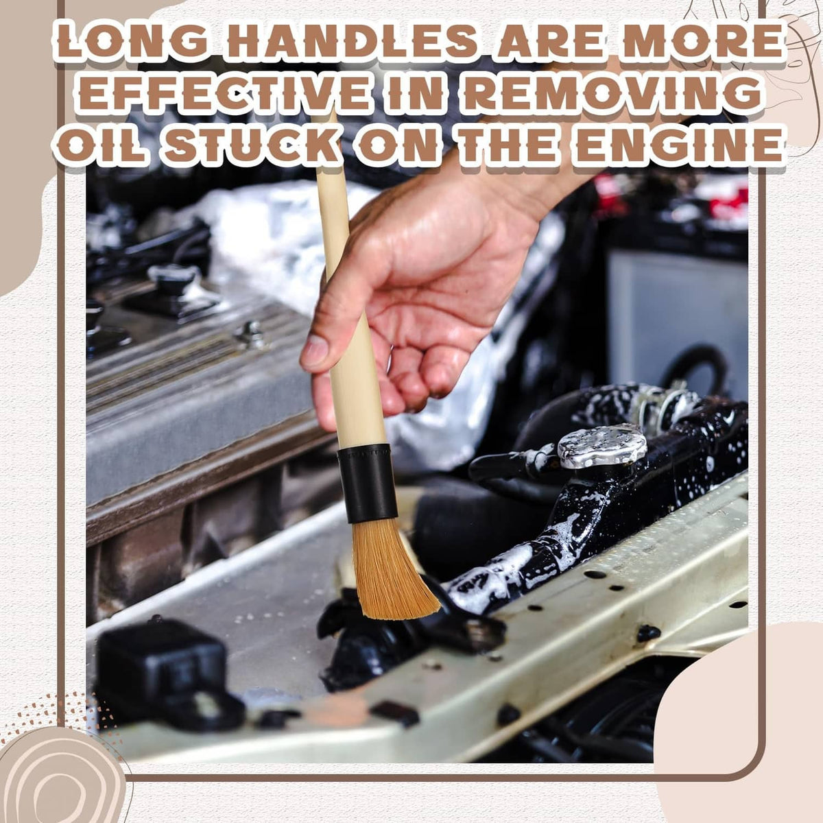 Beige-handled parts cleaning brush with soft bristles for engine cleaning