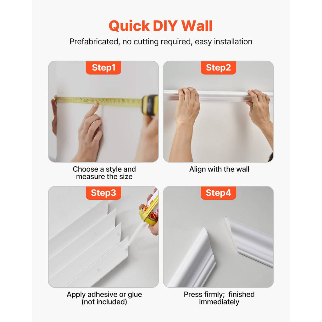 Wall molding kit quick DIY steps graphic showing measuring and pressing trim