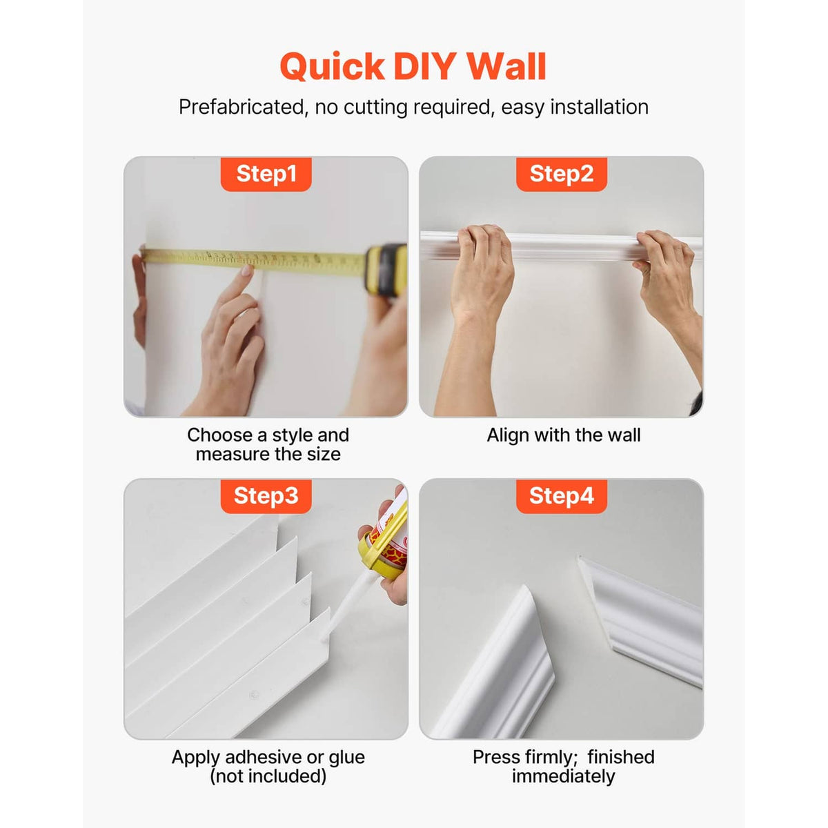 Wall molding kit quick DIY steps graphic showing measuring and pressing trim