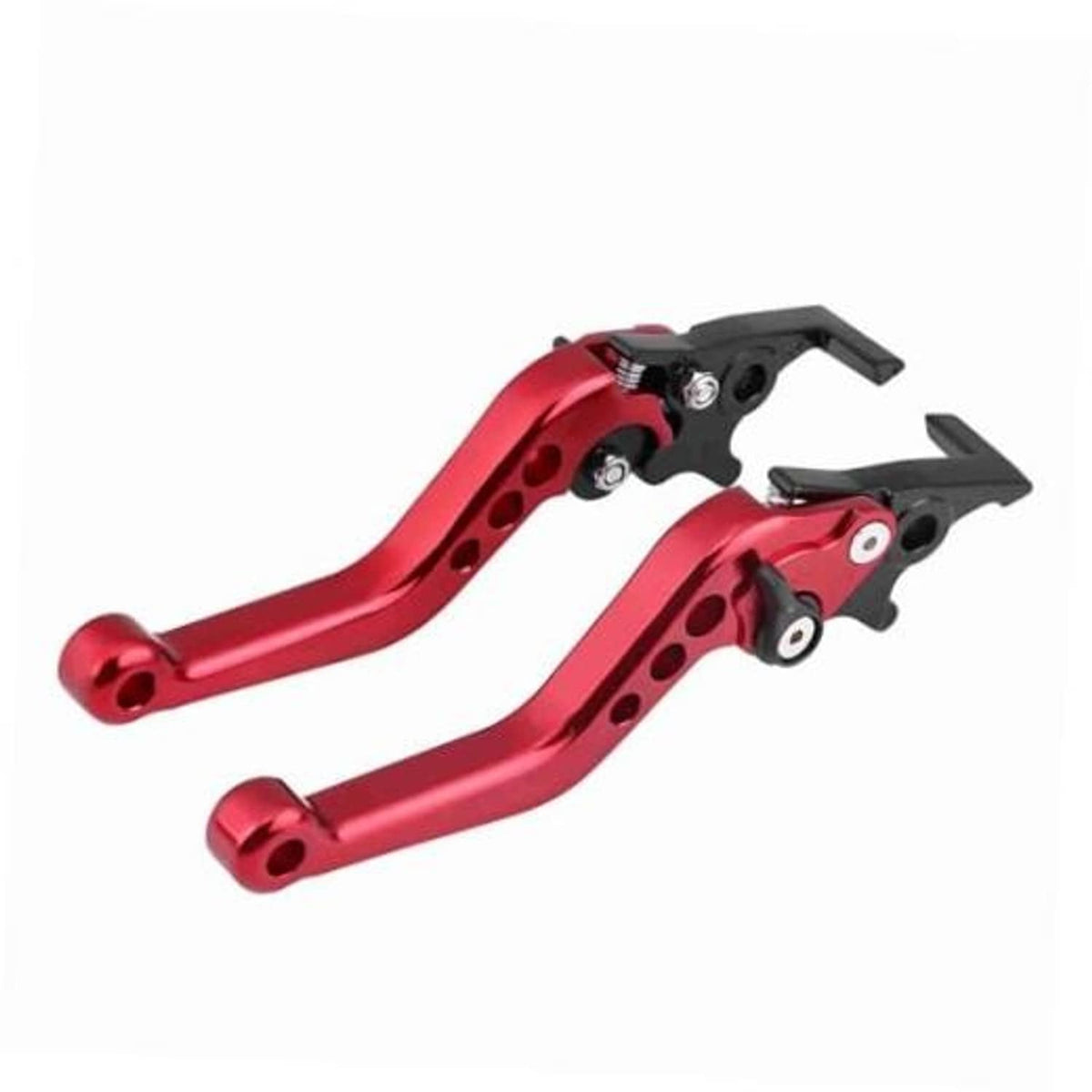 Pair of red CNC brake levers with black pads and silver pivot bolts