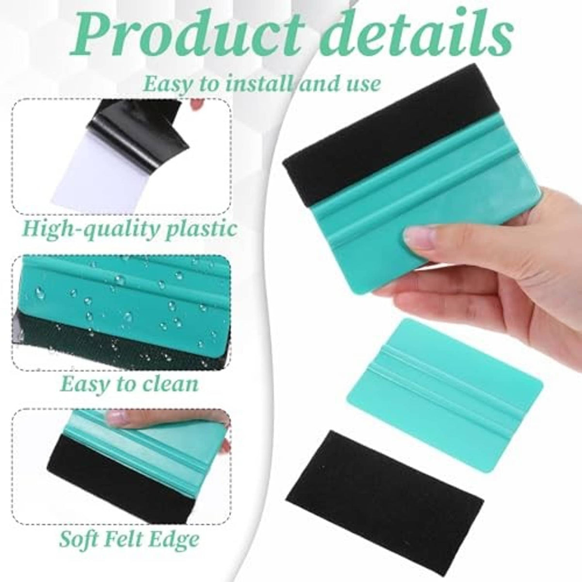 Teal vinyl felt squeegee held in hand with black soft felt edge pad