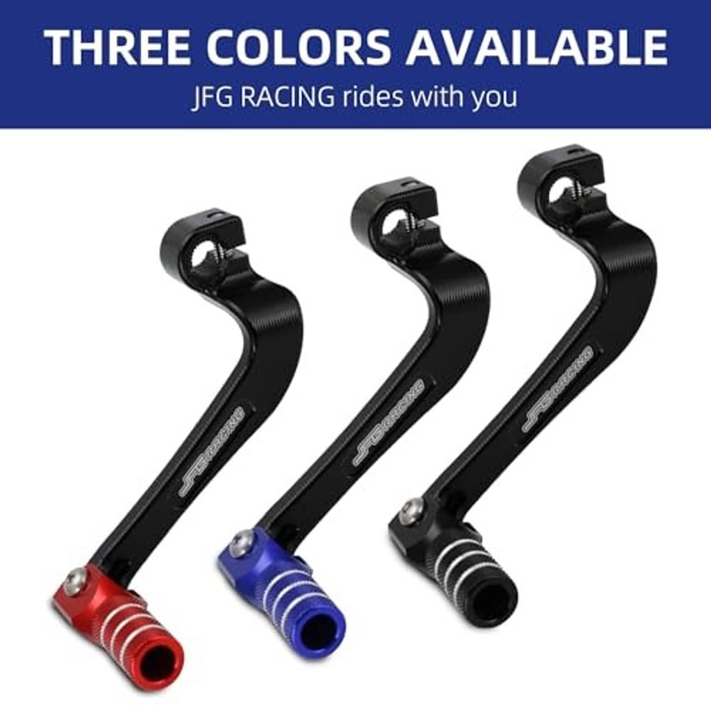 Set of motorcycle folding gear shifter levers: black arm with red, blue, and black tips
