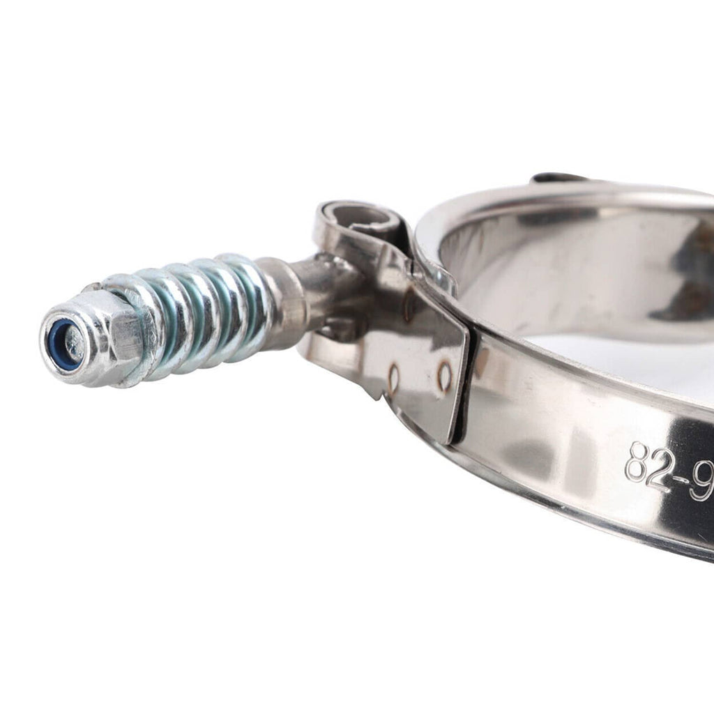 Stainless steel intercooler hose clamp with screw and hinge band, stamped 82-90