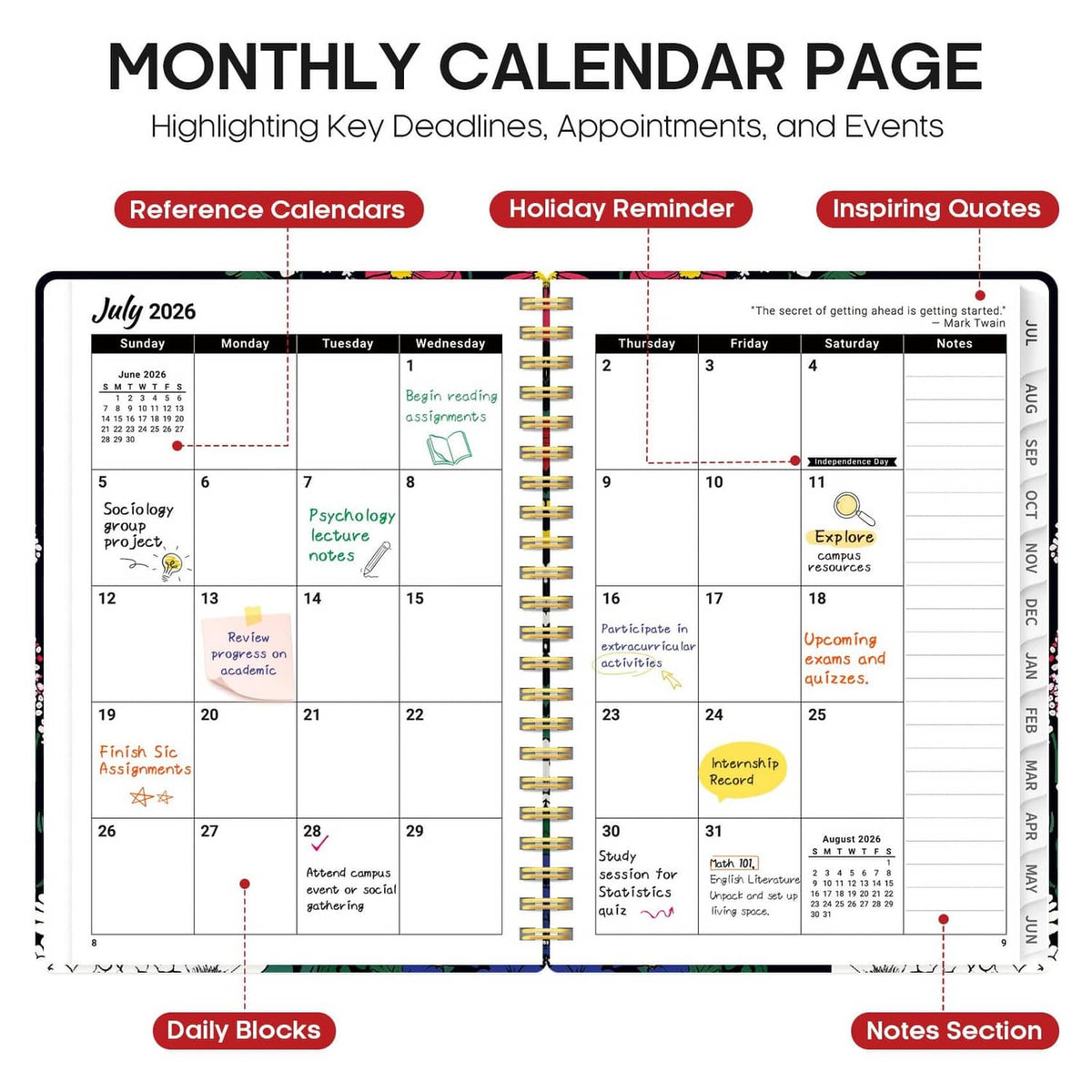 Monthly calendar planner page with highlighted key dates and notes section, spiral bound