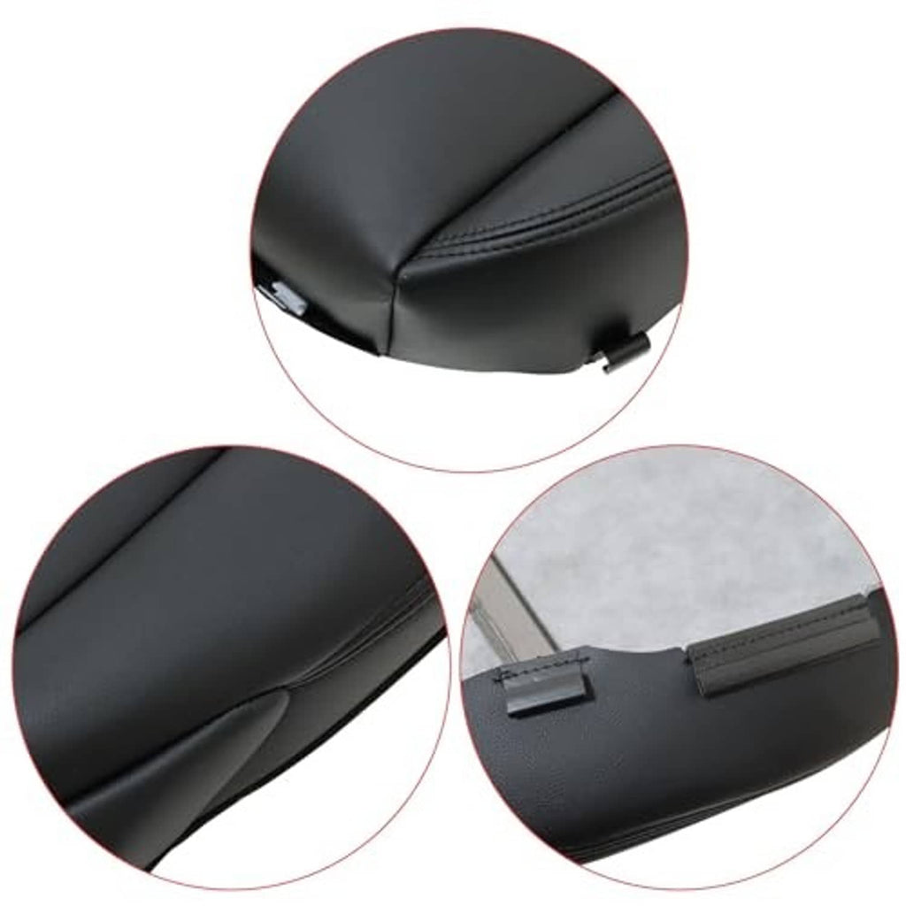 Black leather seat cover detail view with stitched seams and attachment clips on edges.