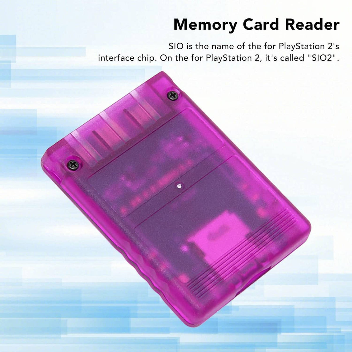 Purple translucent PS2 SD card adapter, angled view showing top ridges and logo.