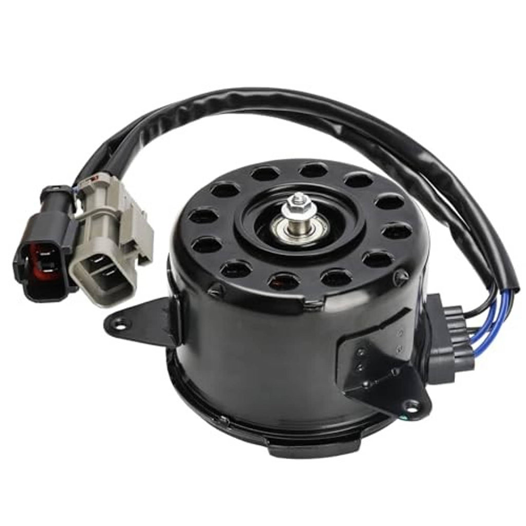 Radiator fan motor with circular mounting base and black wire harness