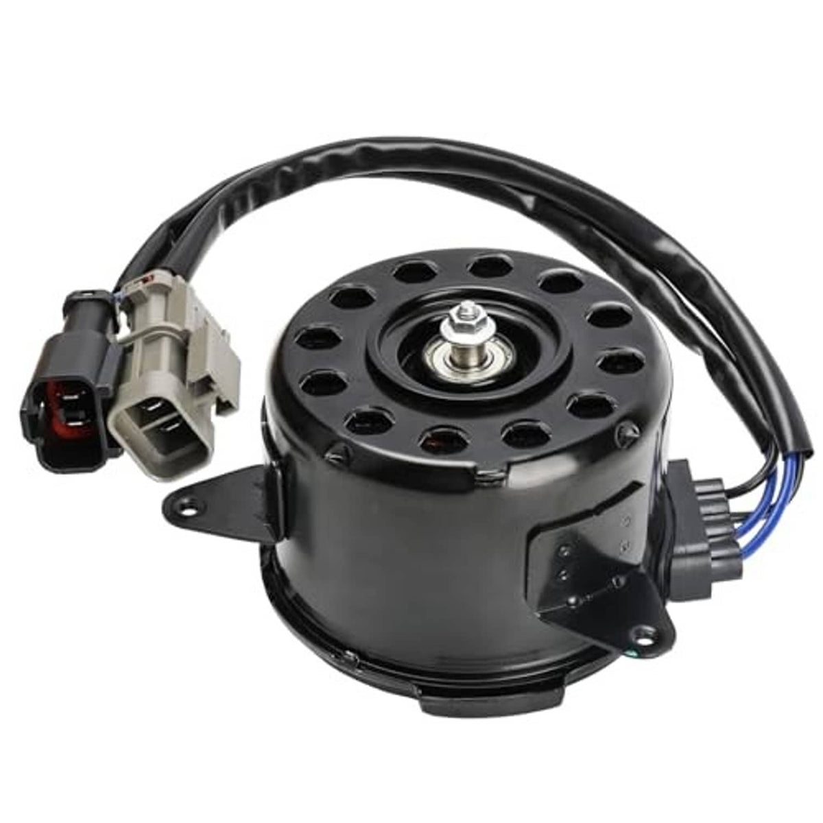 Radiator fan motor with circular mounting base and black wire harness