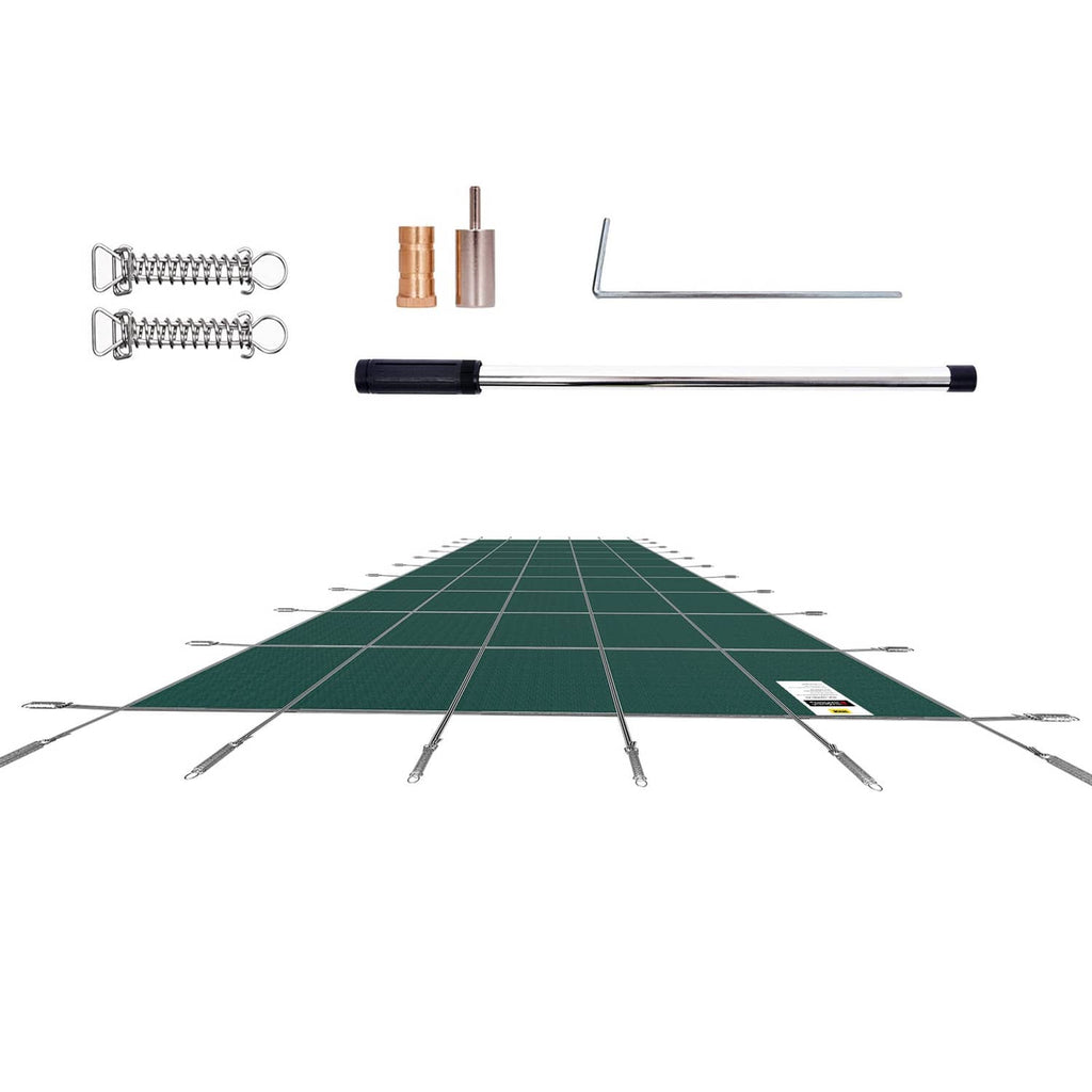 Rectangular green pool safety cover with spring clips, corner poles, and included hardware