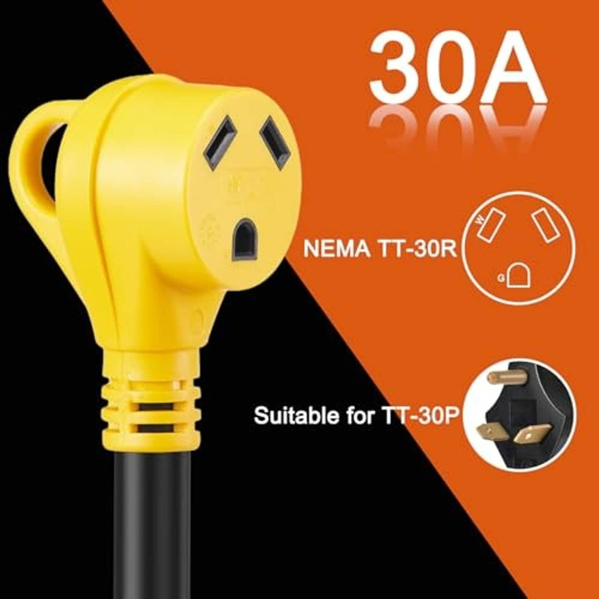 Yellow TT-30R adapter plug with black cable, 30A connector style