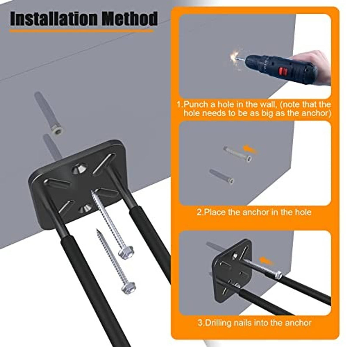Black wall-mount hook with anchors and screws shown in installation steps