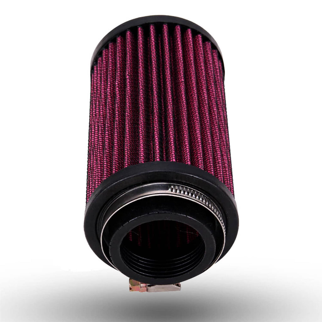 Front view of red pleated air pod filter with black circular base