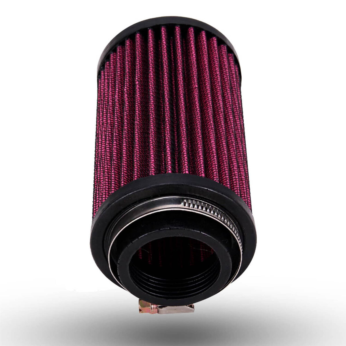 Front view of red pleated air pod filter with black circular base