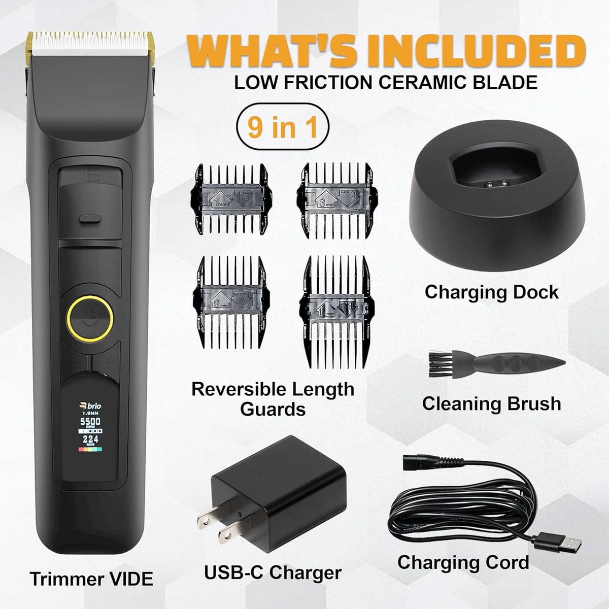 Men’s beard trimmer kit with charging dock, USB-C charger, cleaning brush, and guard set