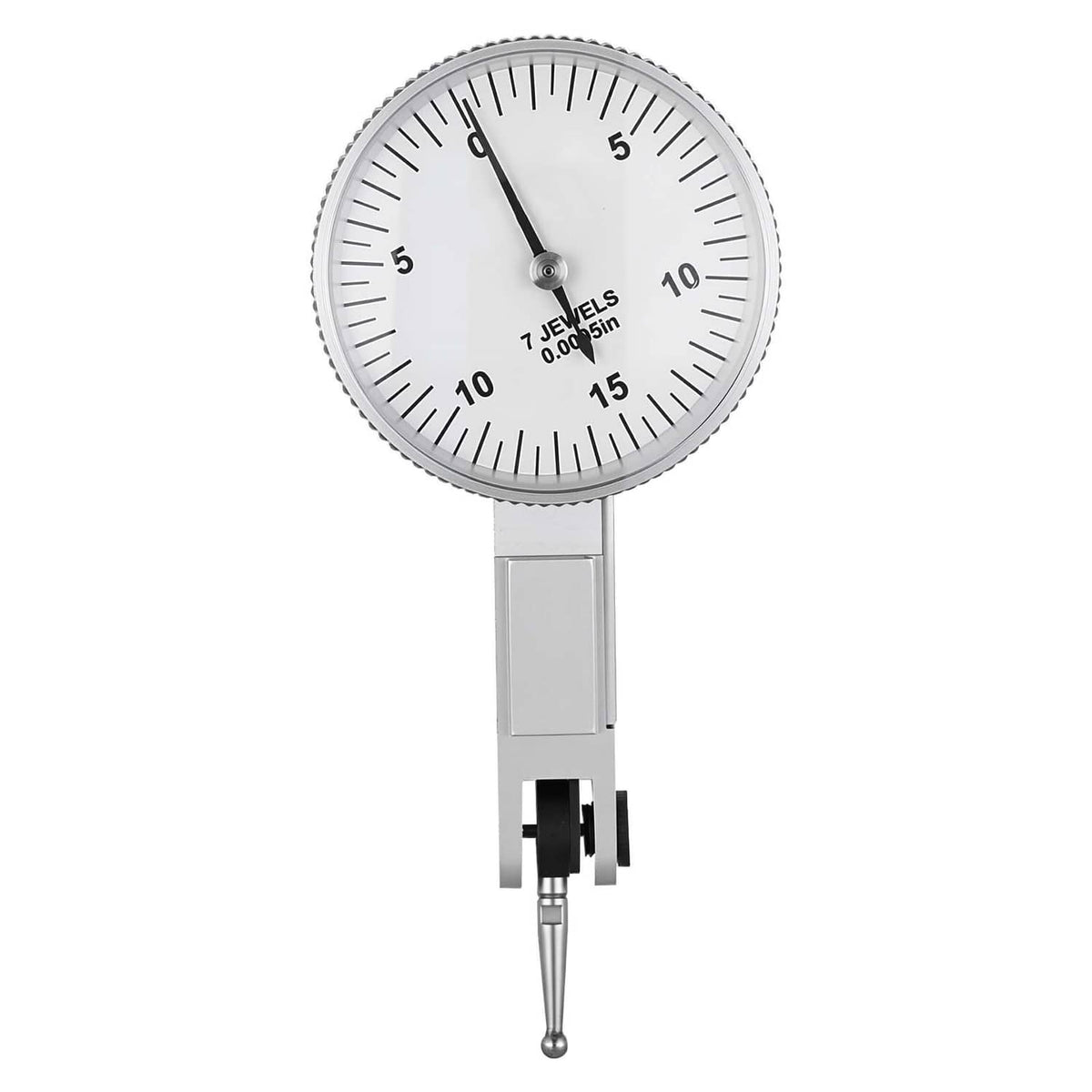 Dial test gauge with round face, magnification scale, and pointed probe