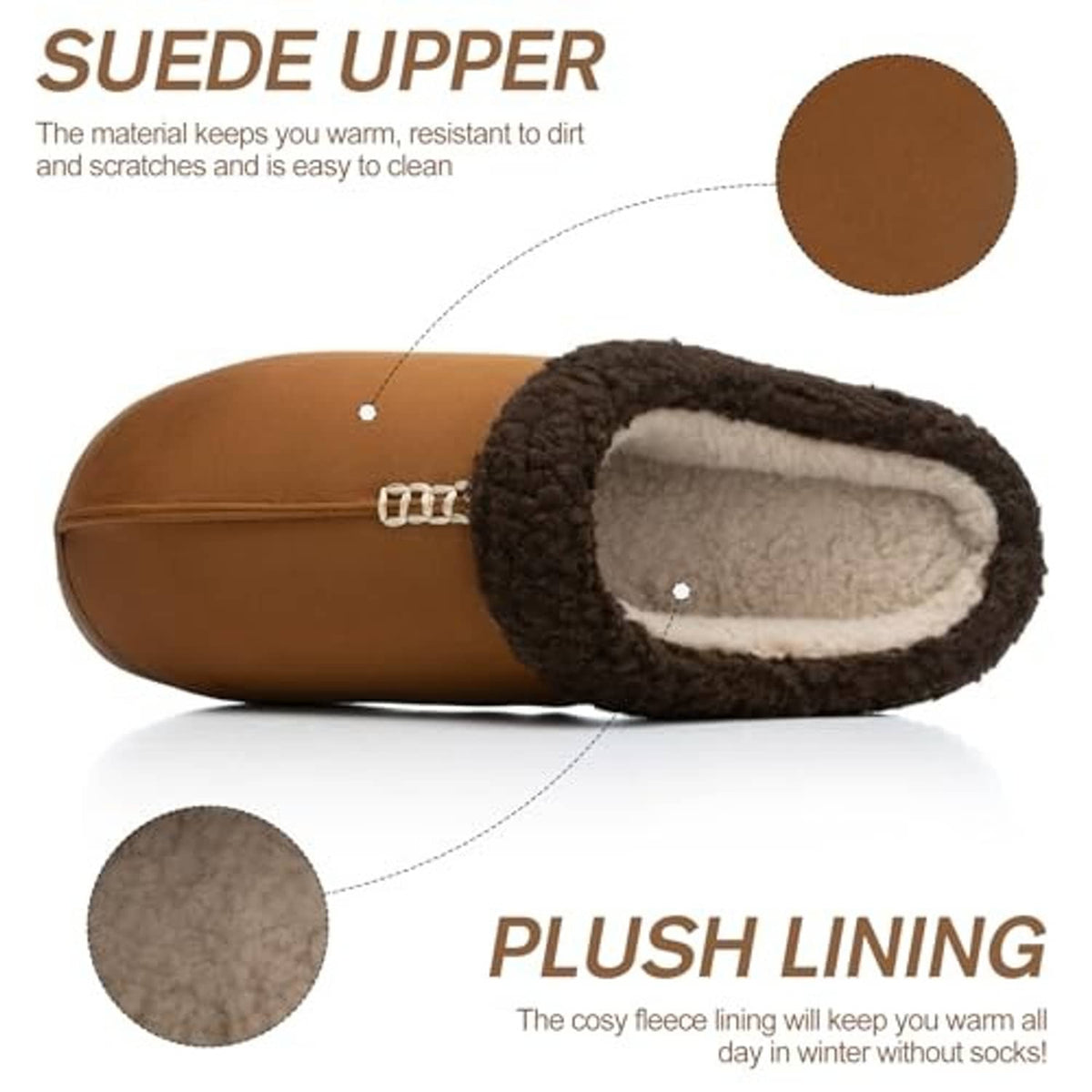 Side profile of brown suede slipper with dark plush lining and cushioned insole
