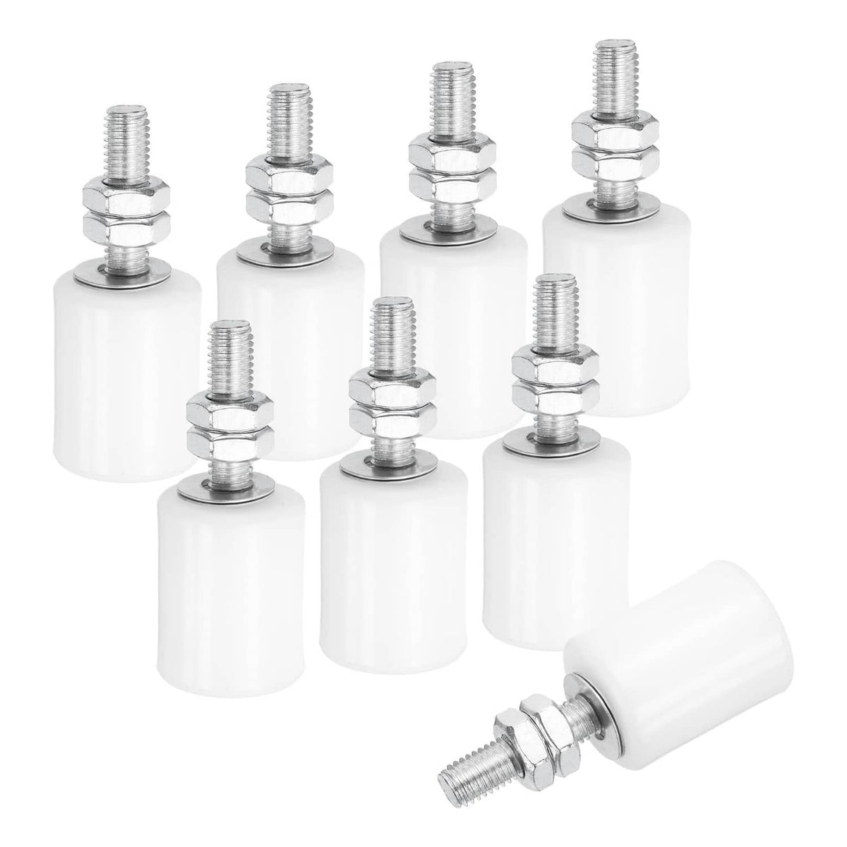 Set of white nylon slide gate guide rollers with threaded bolts, 8 pieces