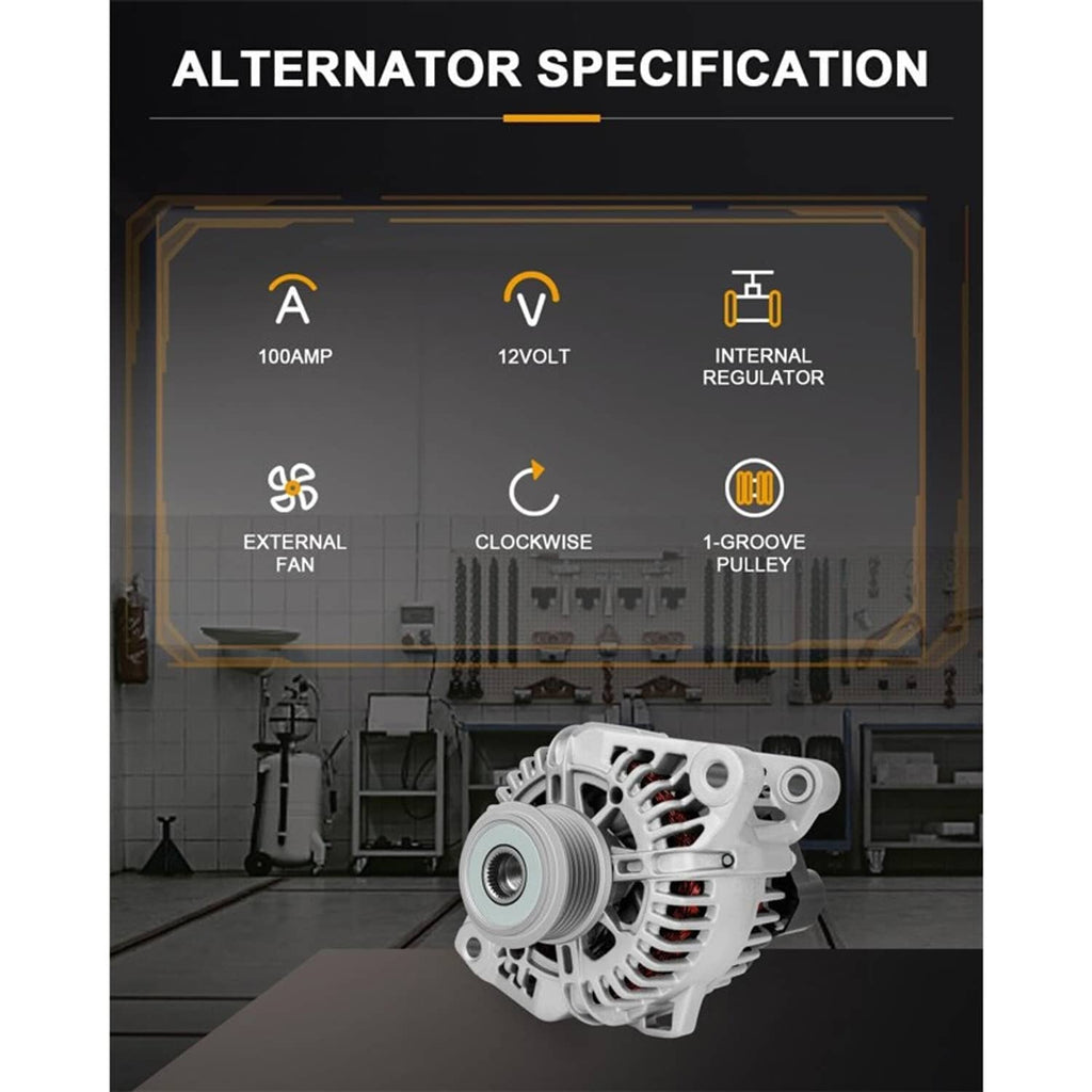 Silver alternator with pulley and vented housing, shown with internal-regulator label on image