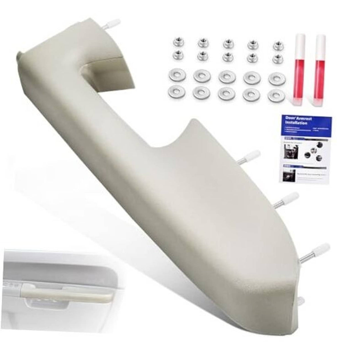 Gray front passenger armrest repair kit with armrest cover, screws, washers, and glue