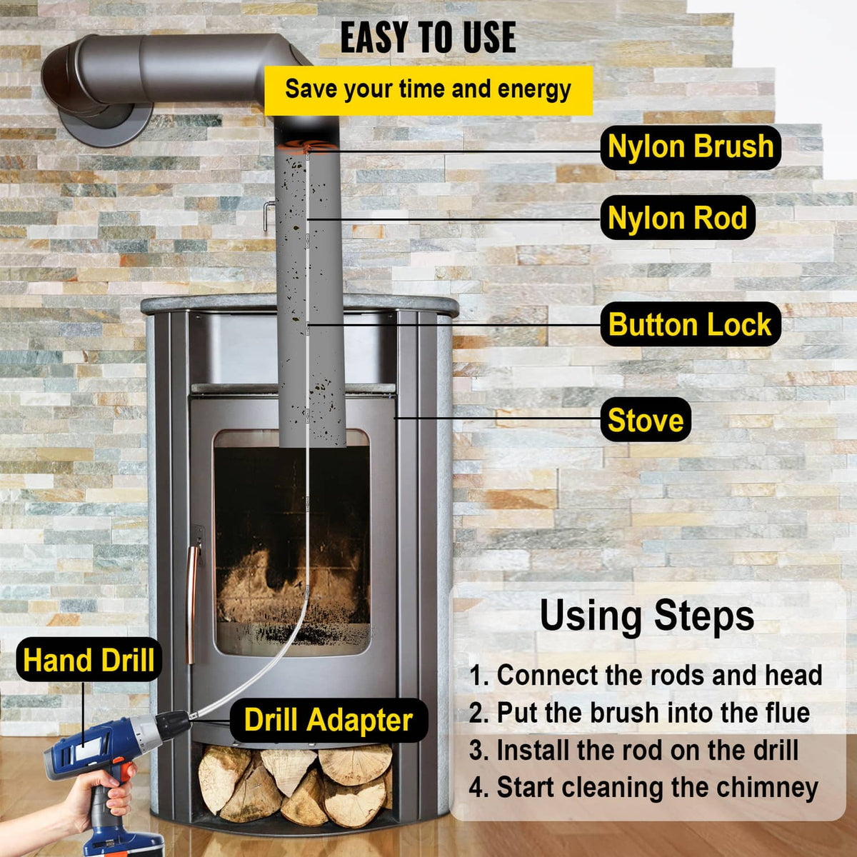 Chimney cleaning set with nylon brush head and rod for drill-assisted sweeping