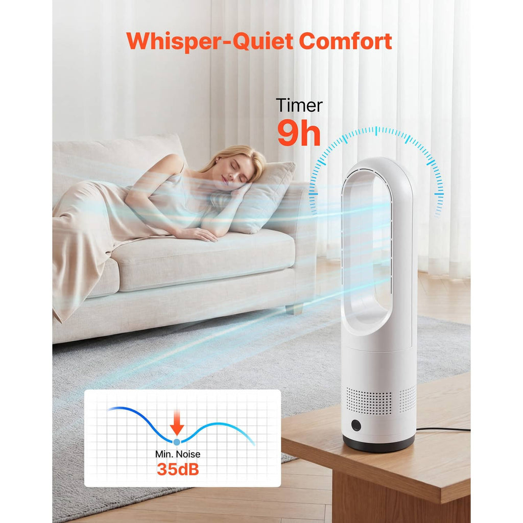 White bladeless tower fan with blue airflow ring effect, power cord visible.