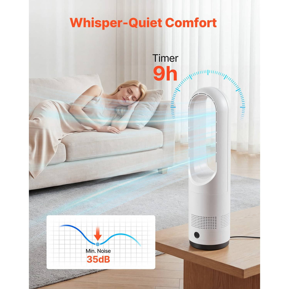 White bladeless tower fan with blue airflow ring effect, power cord visible.