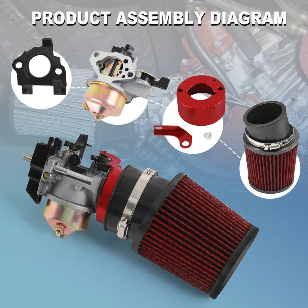 Air filter adapter jet kit set assembly diagram with carburetor, red filter, and parts