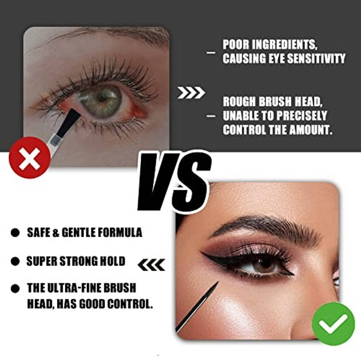 False eyelash glue application comparison on eye and lashes, gentle formula vs rough brush.
