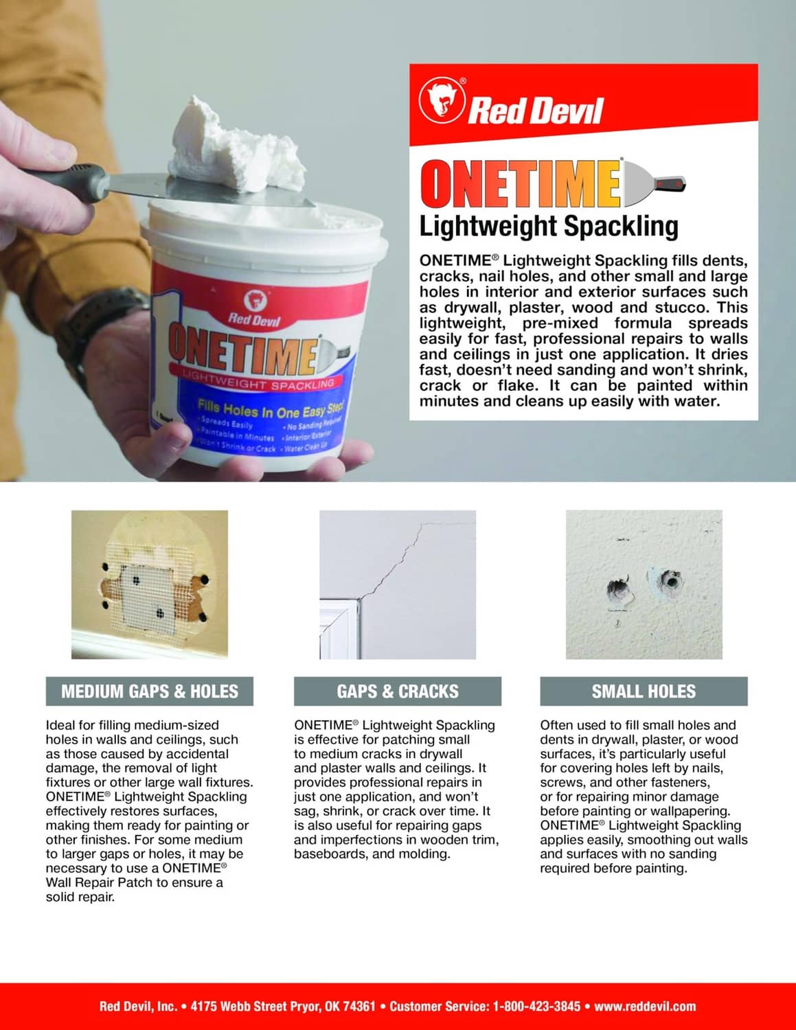 Lightweight spackling kit container and usage guide panel with hole types