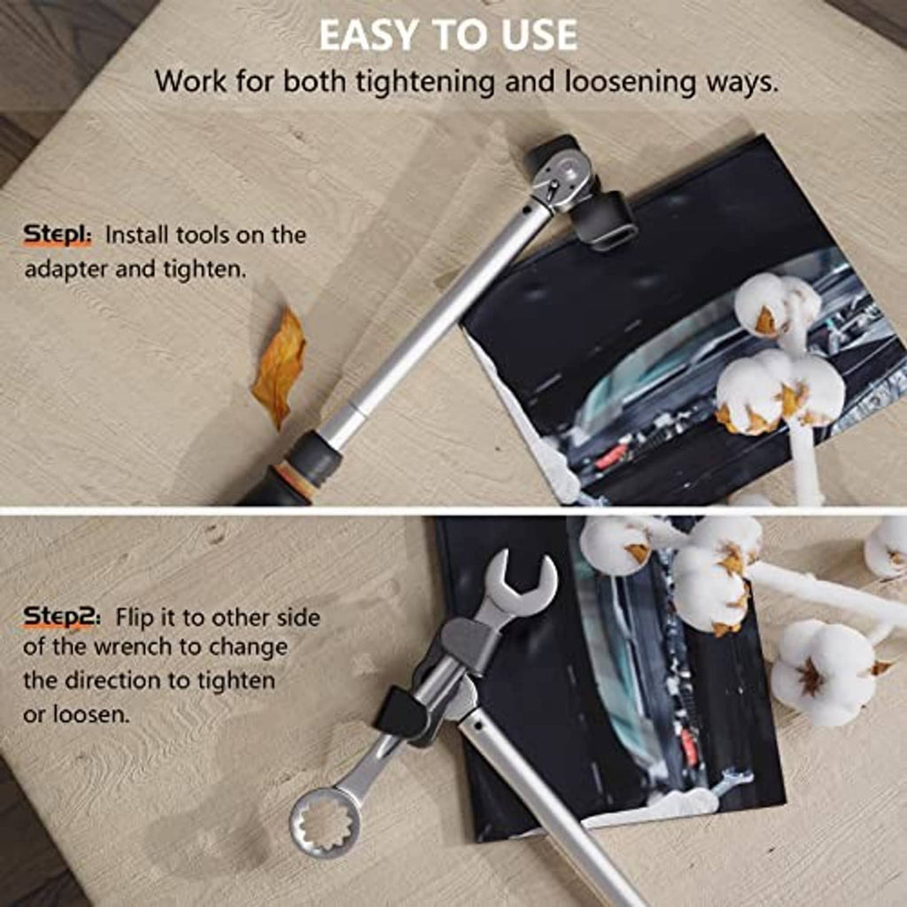 Wrench extender tool with long handle and hex drive socket on workbench