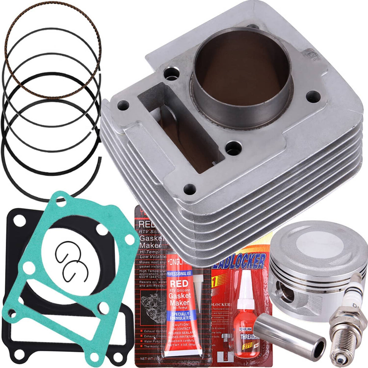 Cylinder and piston rebuild kit with rings and gaskets, shown with connected components