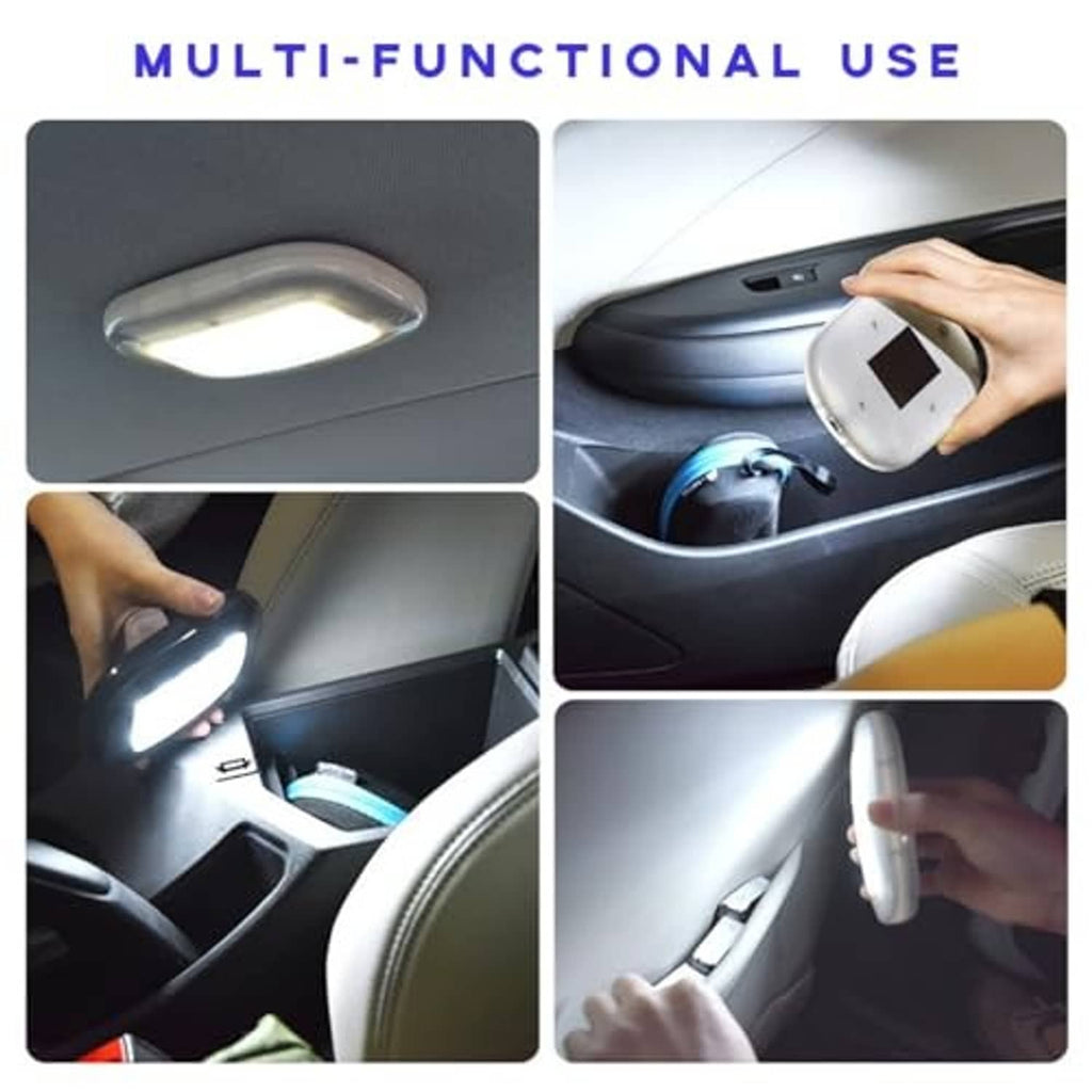Gray dome roof lamp in car interior with rechargeable USB light in use