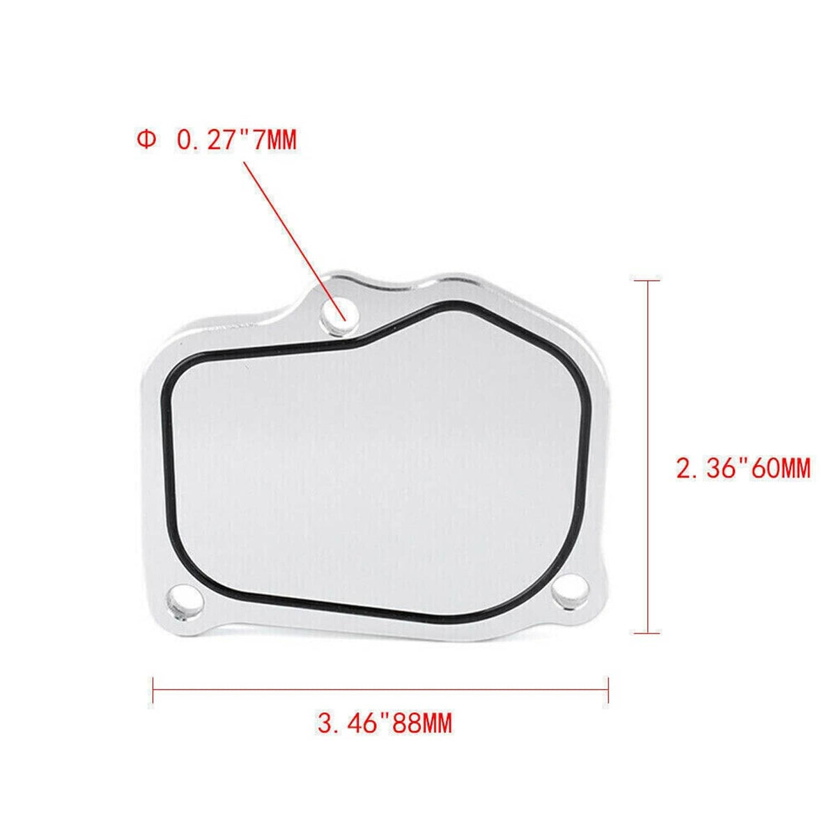 Billet timing cover plate with black gasket seal, size dimensions shown