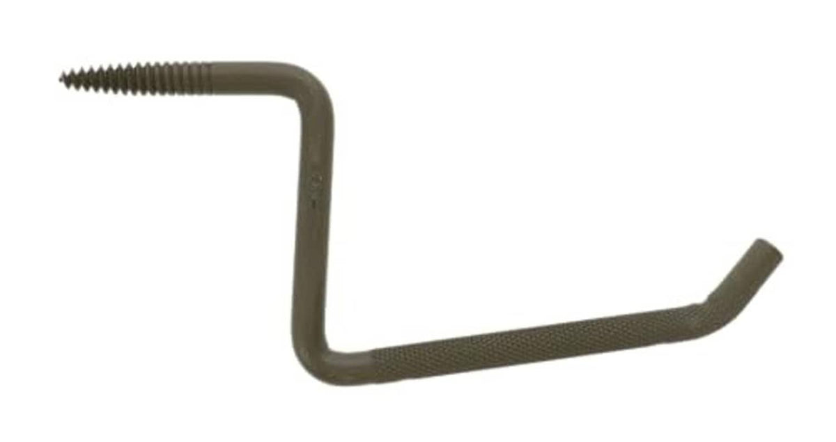 Dark brown metal self-tapping tree step with curved hook and screw-threaded end