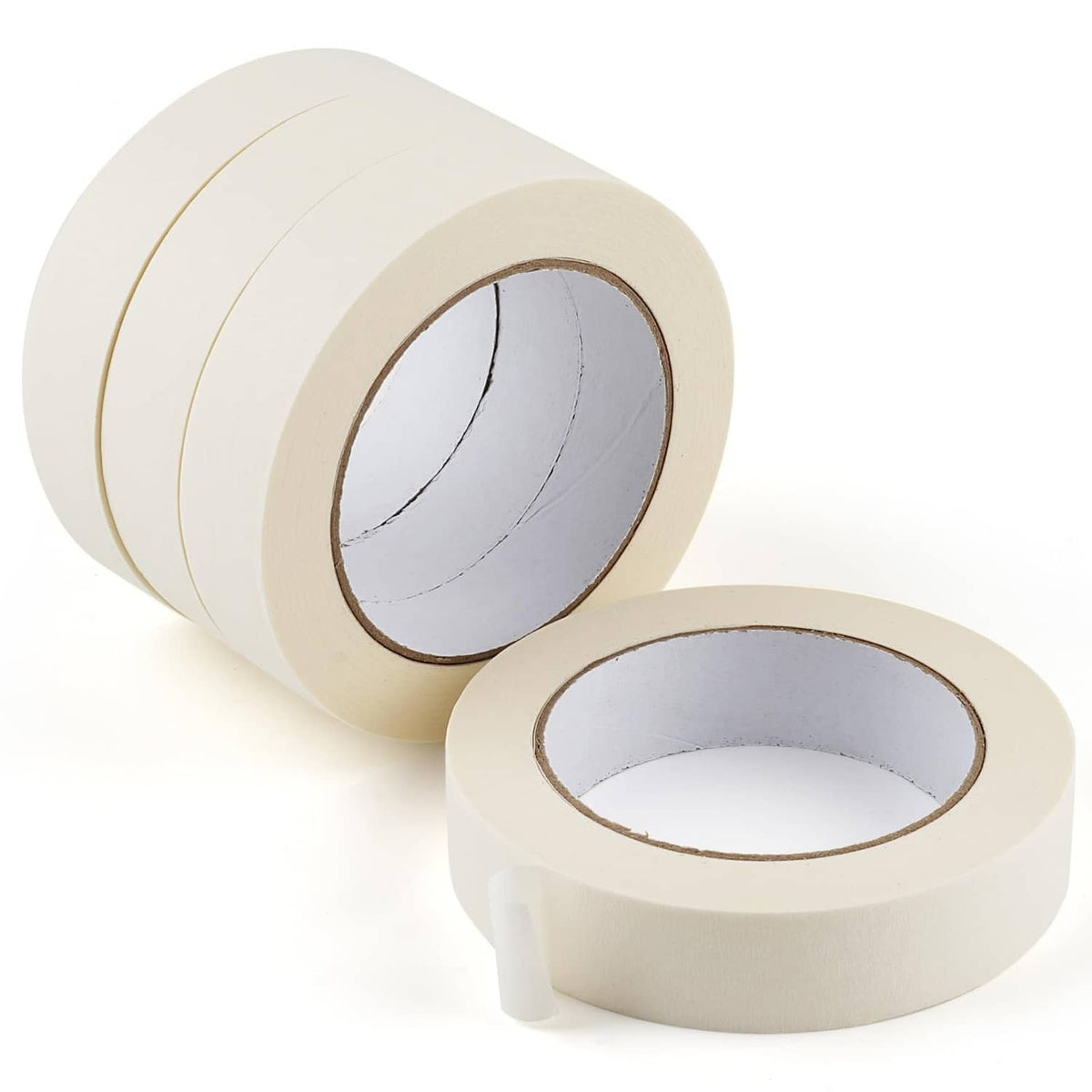 Beige masking tape rolls, one stacked with a loose roll in front