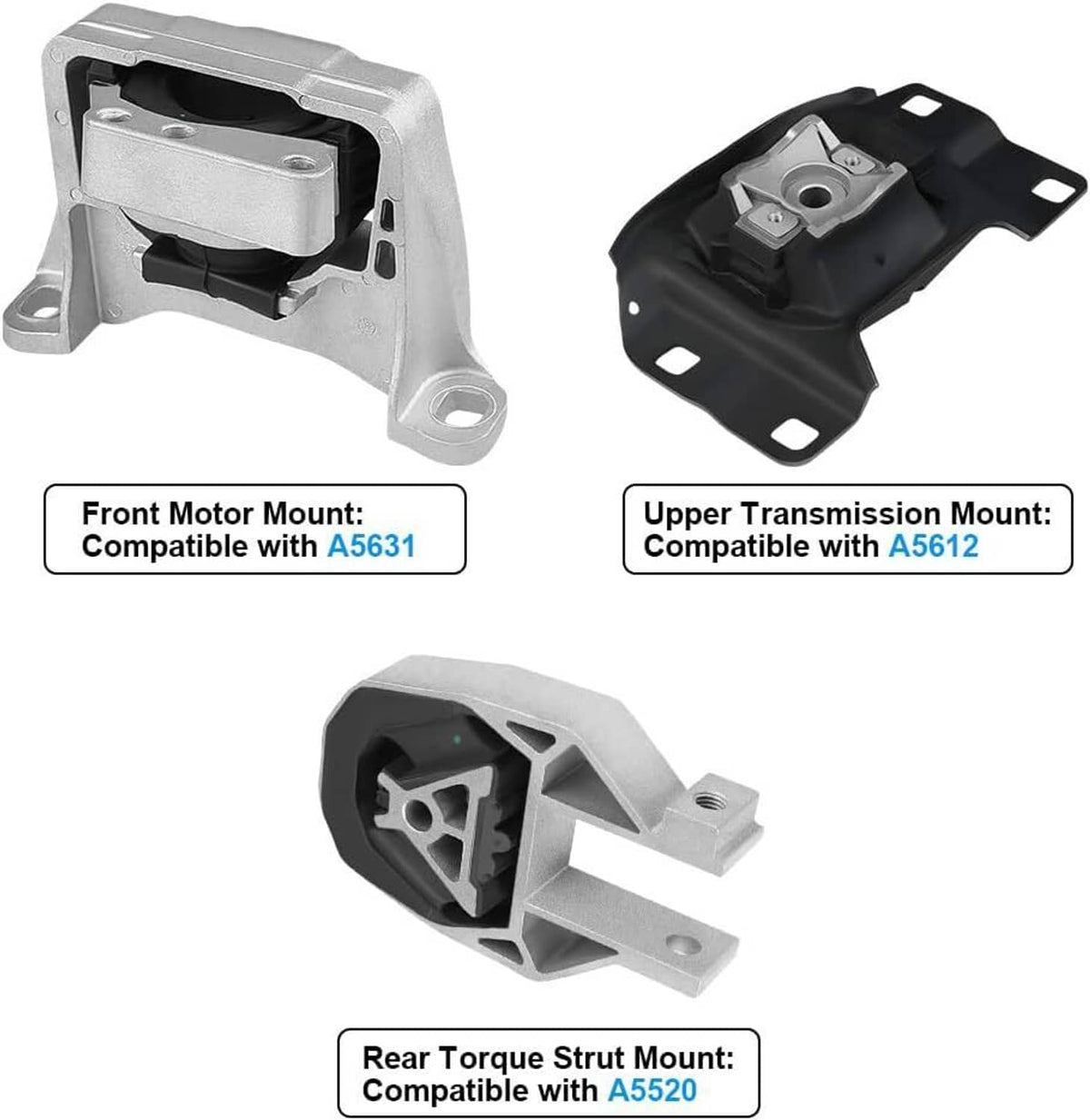Three engine mount components shown together: silver brackets with black rubber