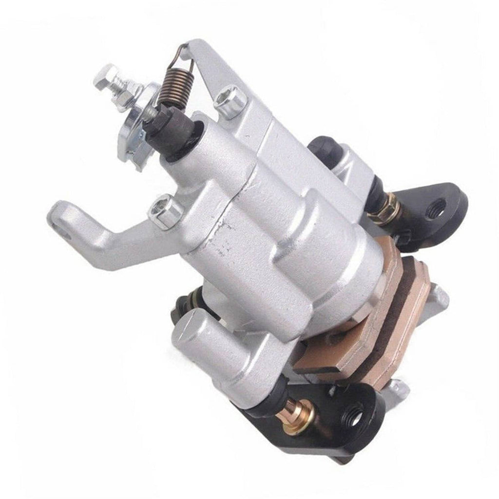 Rear brake caliper with pads, side view showing silver housing and brown brake pads