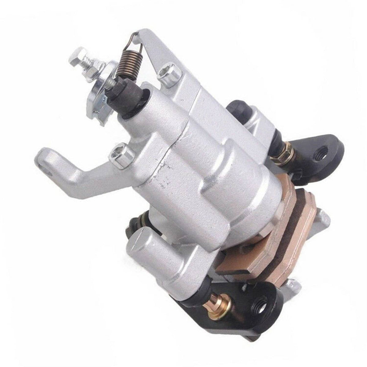Rear brake caliper with pads, side view showing silver housing and brown brake pads